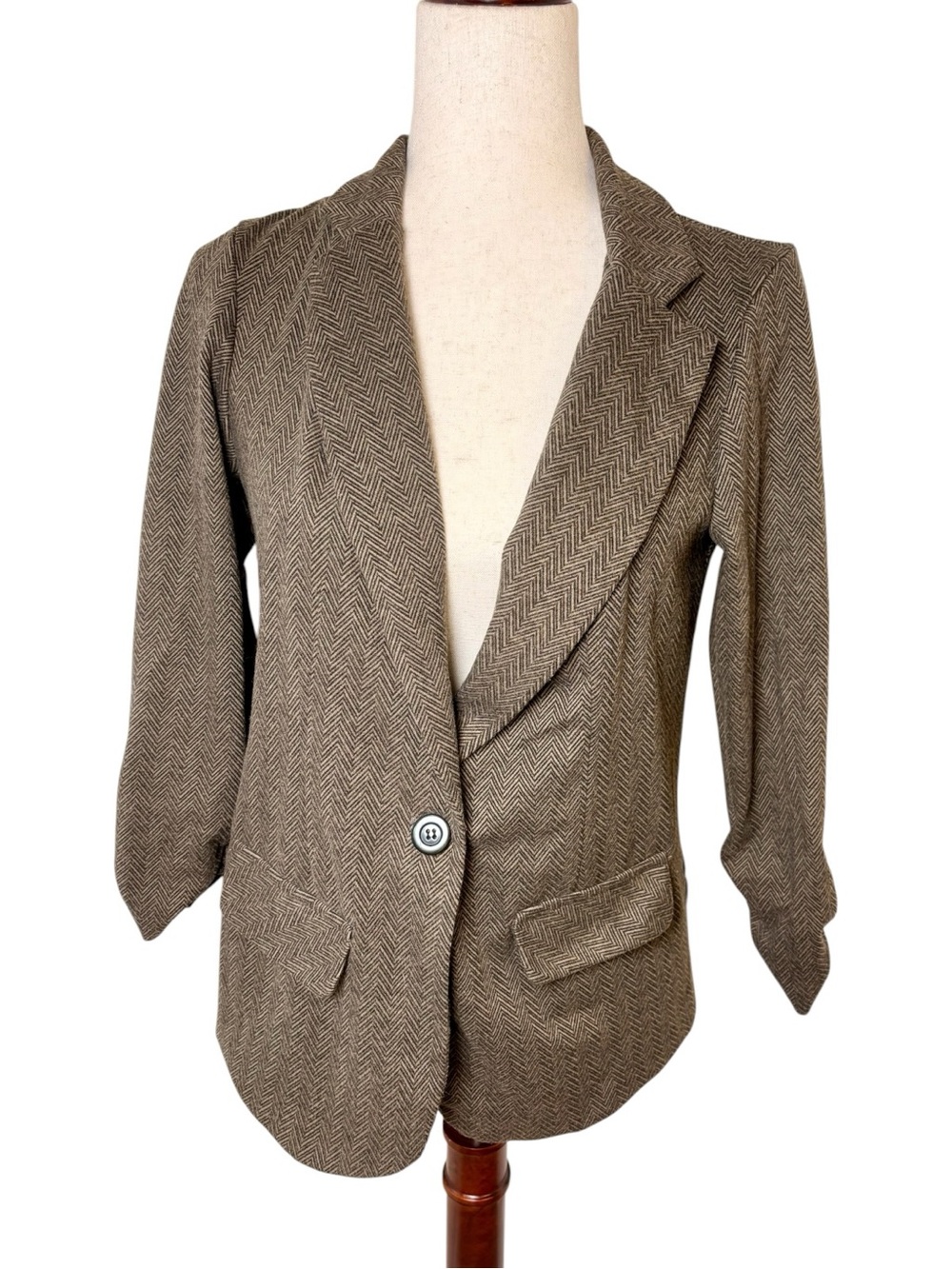 LC by Laura Cruz Brown Herringbone Knit Blazer Academia Office Interview Small